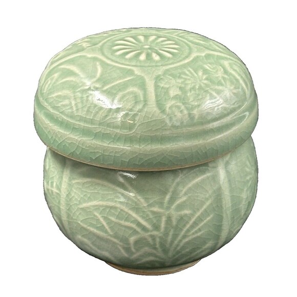 Celadon Porcelain Bamboo Floral Design Signed Caddy Pot Jar made in Korea 3 pc - Picture 1 of 12